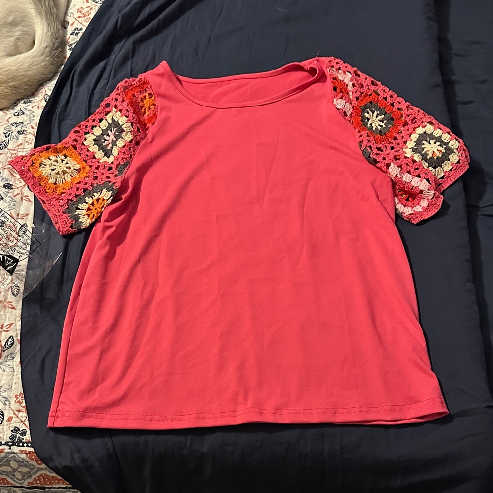 Women's Pink Top with Crochet Sleeves